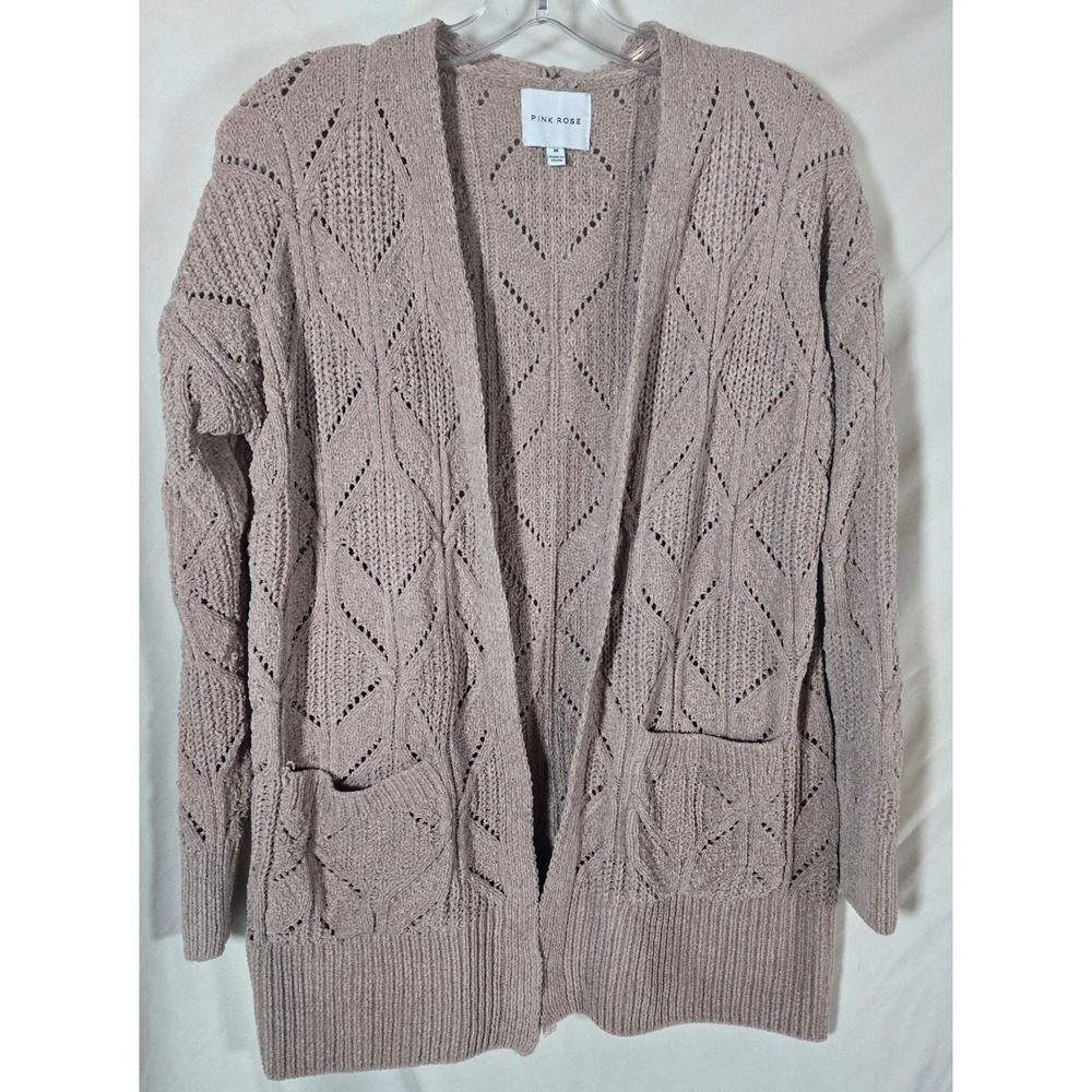 Pink Rose Open Front Diamond Knit‎ Cardigan Sweater Dusty Mauve M